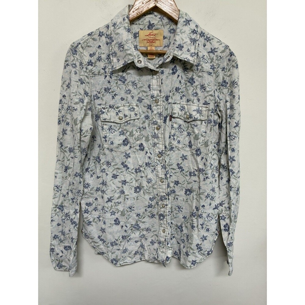 Levi's Floral Denim Western Shirt Women Large Cottagecore Pearl Snap Front Top